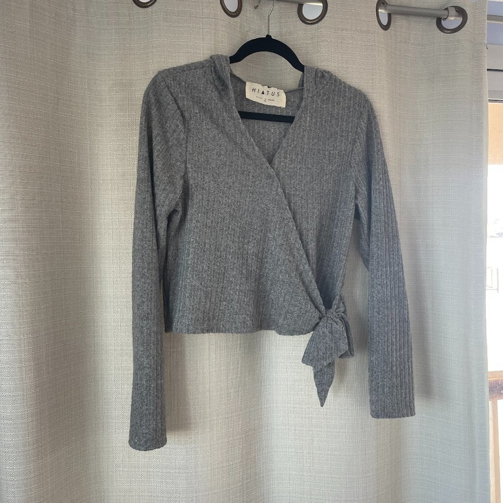 Lightweight Soft Gray Surplice Wrap Crop Top w/Hood